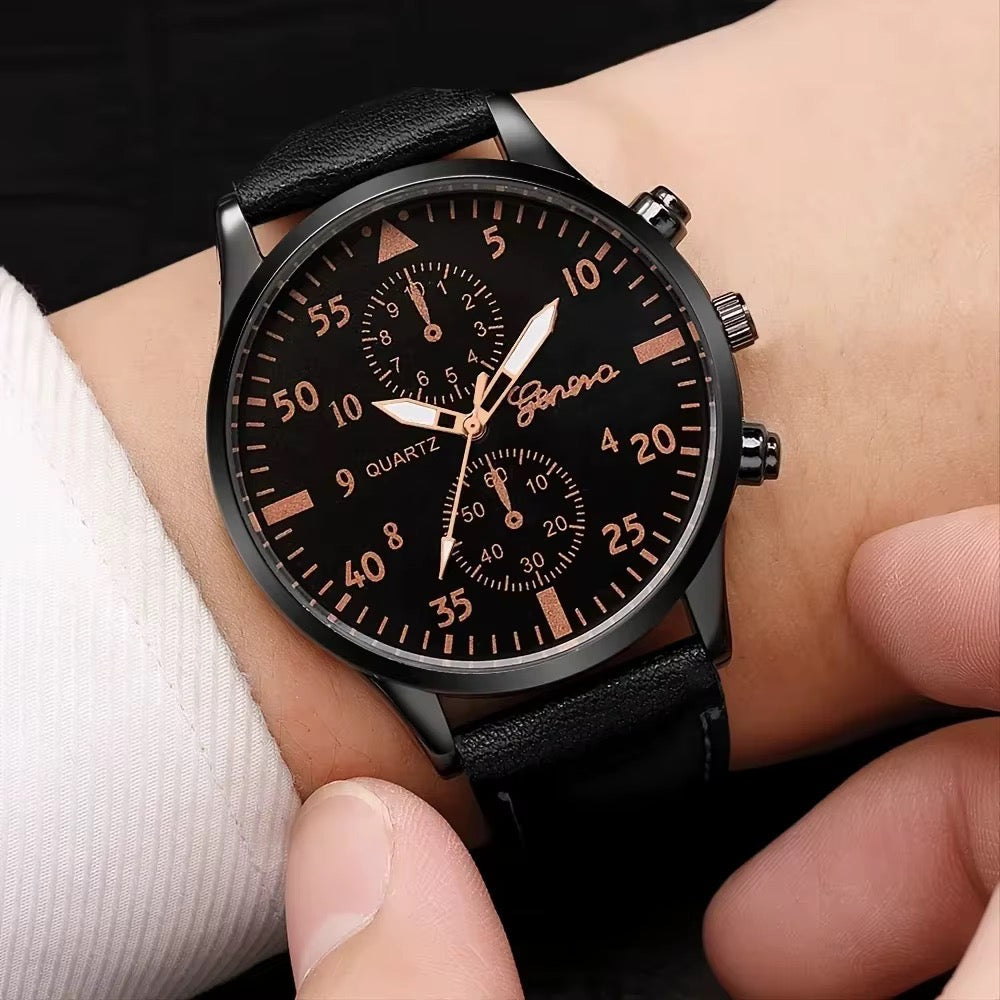 KACL | Montre Geneva Chronographe — Cadran Noir Bracelet Cuir Noir