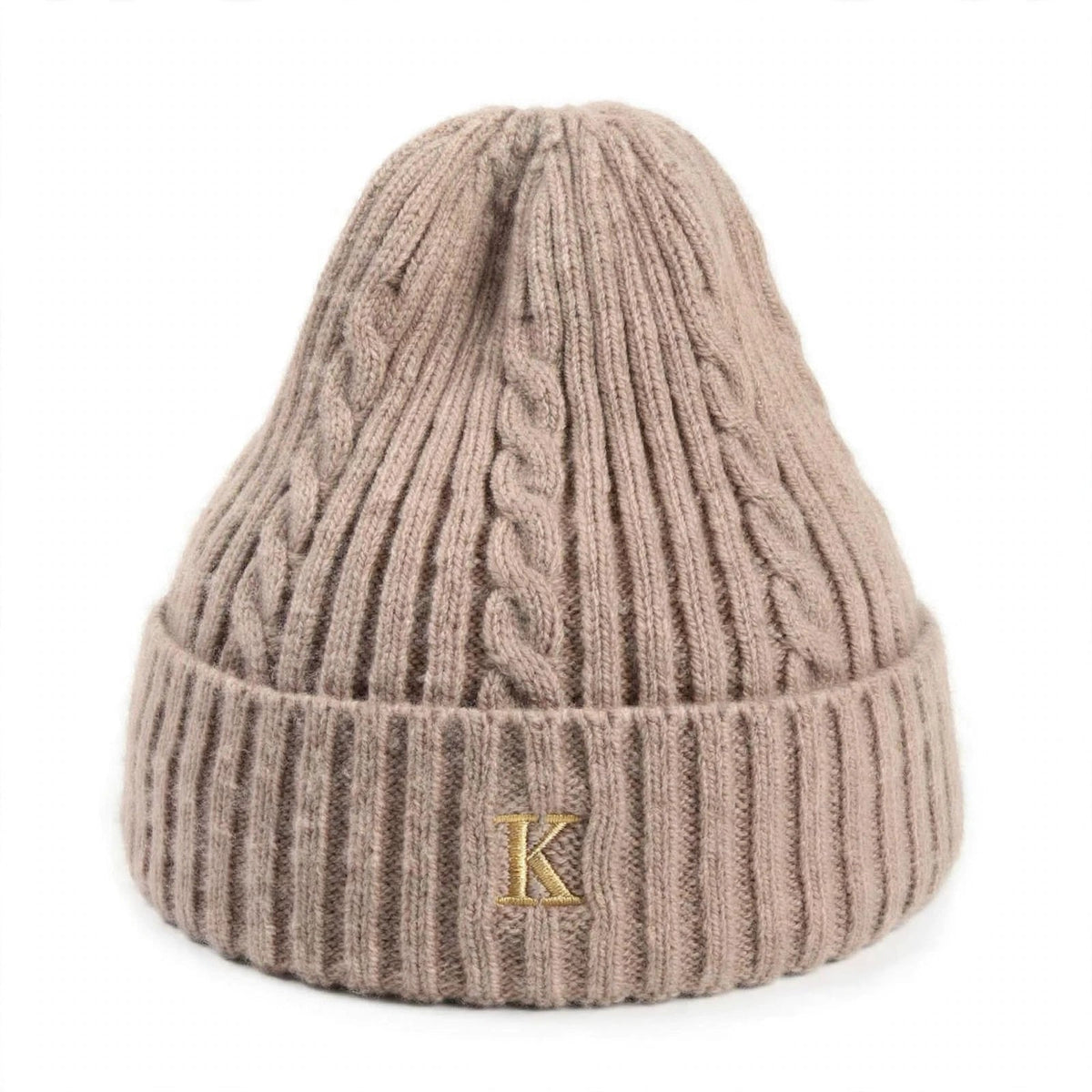 Bonnet mérinos camel uni avec broderie dorée K