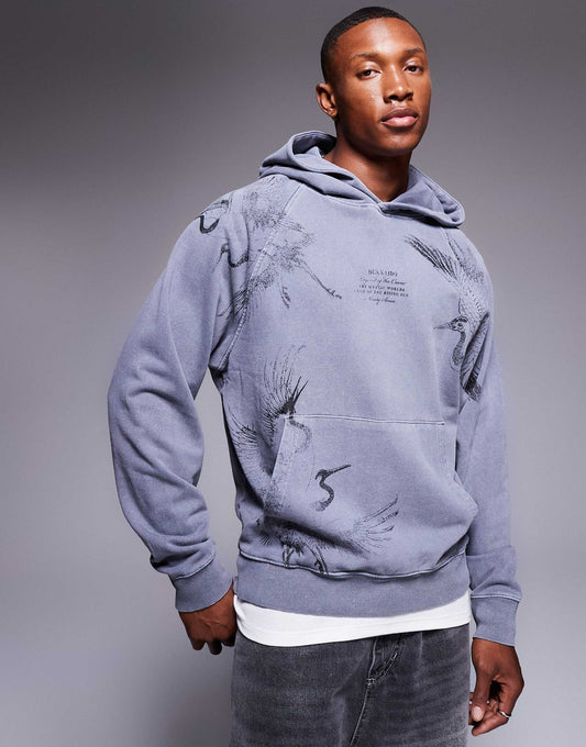 Sweat à capuche imprimé grue dans le dos