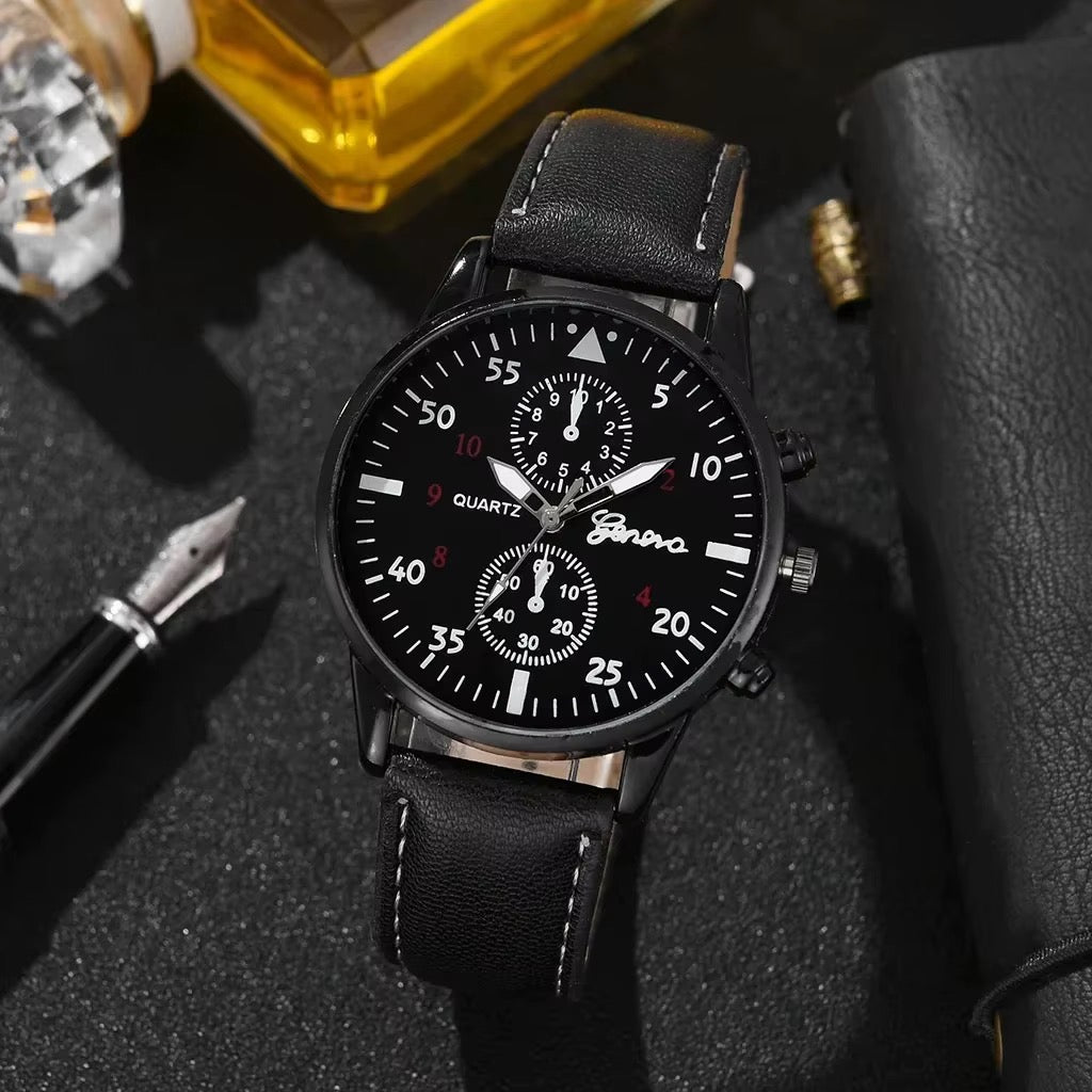 KACL | Montre Geneva Chronographe — Cadran Noir Bracelet Cuir Noir