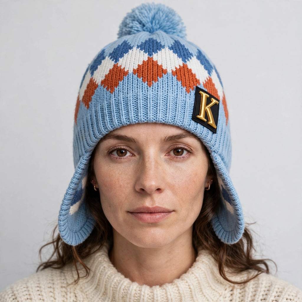 Bonnet à pompon et cache-oreilles – Beige à motifs, étiquette K