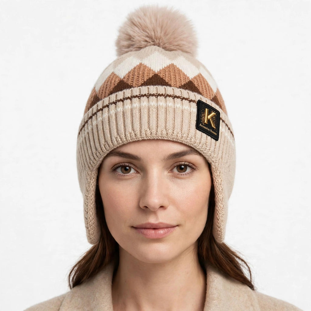 Bonnet à pompon et cache-oreilles – Beige à motifs, étiquette K