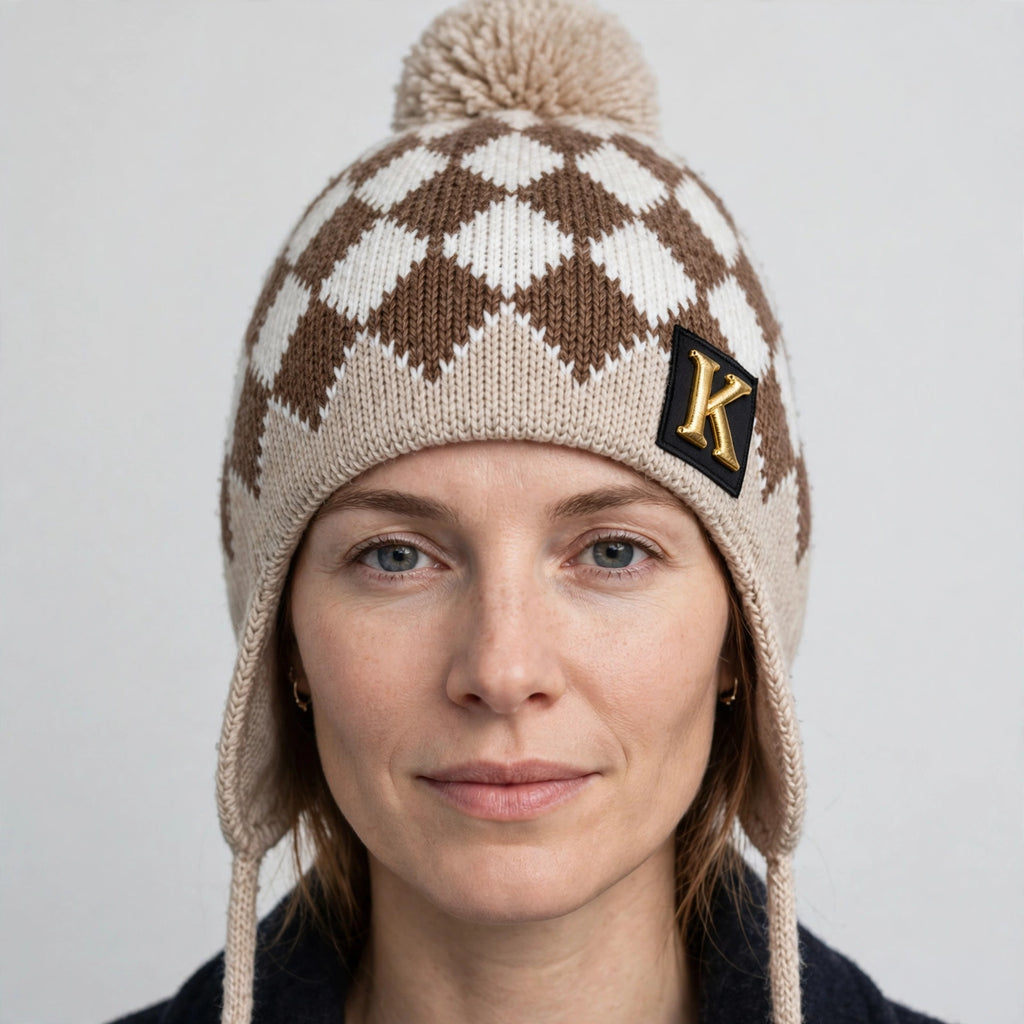 Bonnet à pompon et cache-oreilles – Beige à motifs, étiquette K