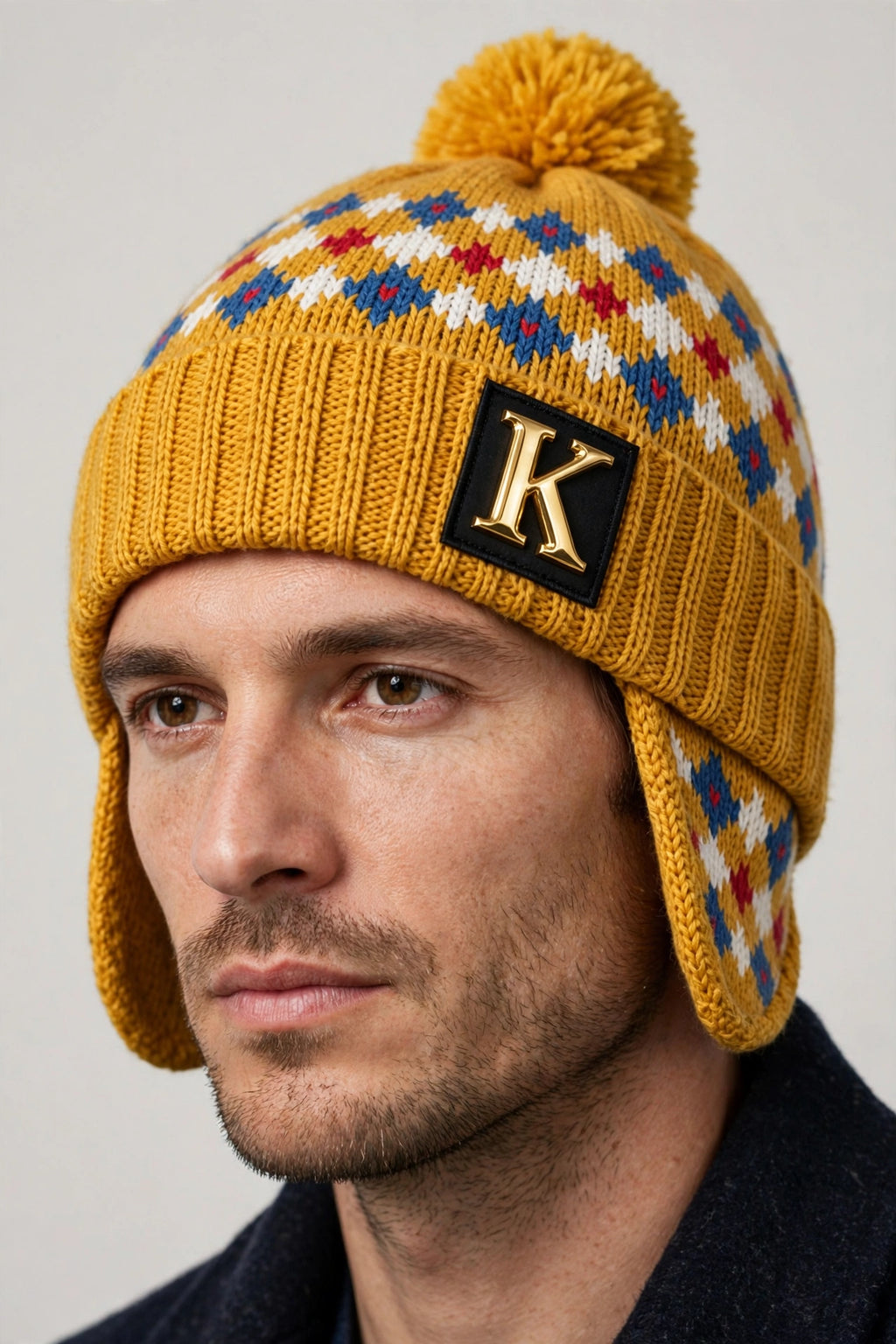 Bonnet à pompon et cache-oreilles – Beige à motifs, étiquette K