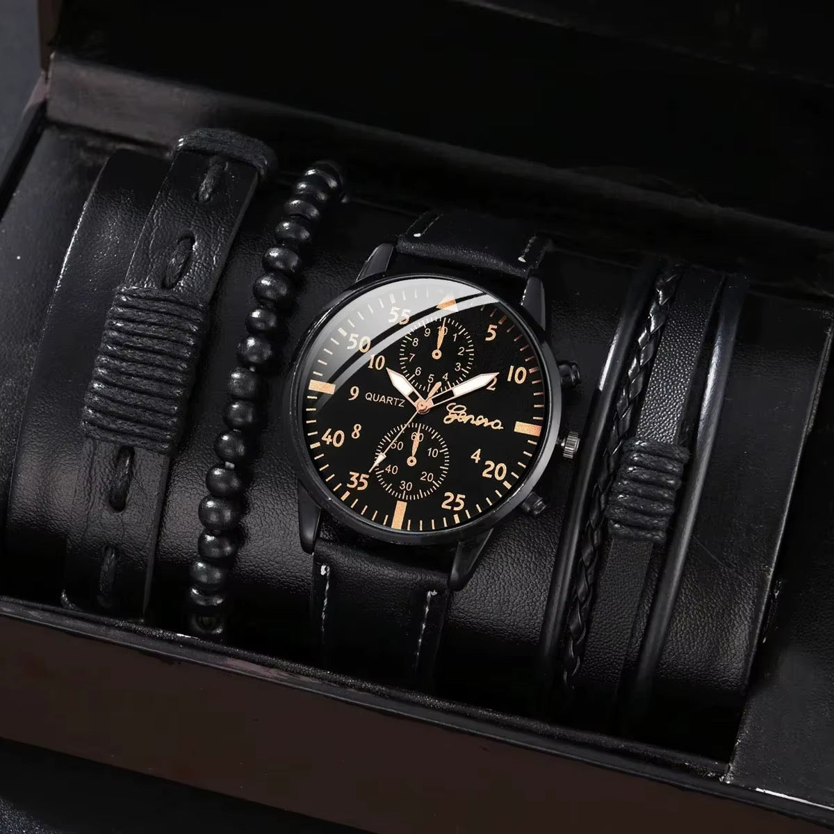 KACL | Montre Geneva Chronographe — Cadran Noir Bracelet Cuir Noir
