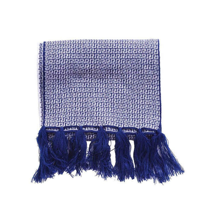 Écharpe élégante à motifs bleus et blancs avec pompons