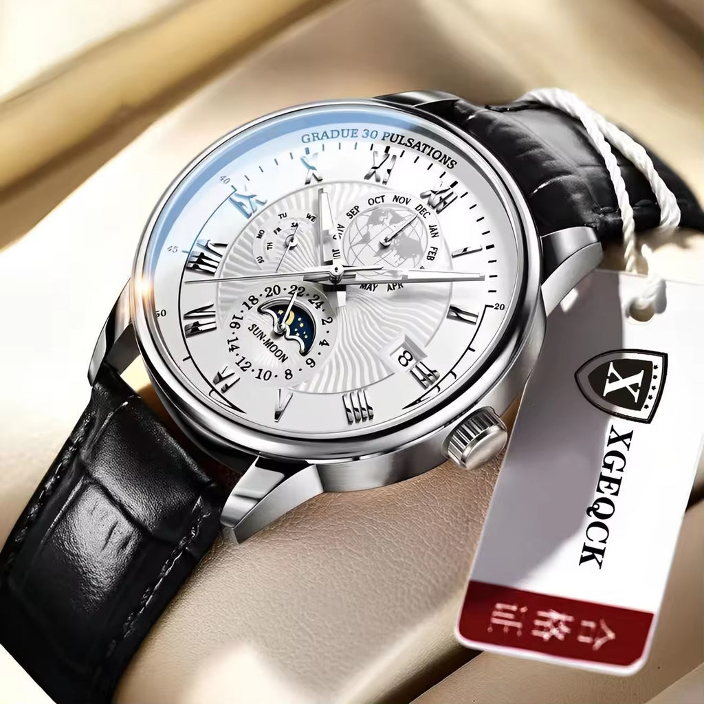 Montre de luxe pour homme en cuir à quartz | Montre-bracelet lumineuse étanche