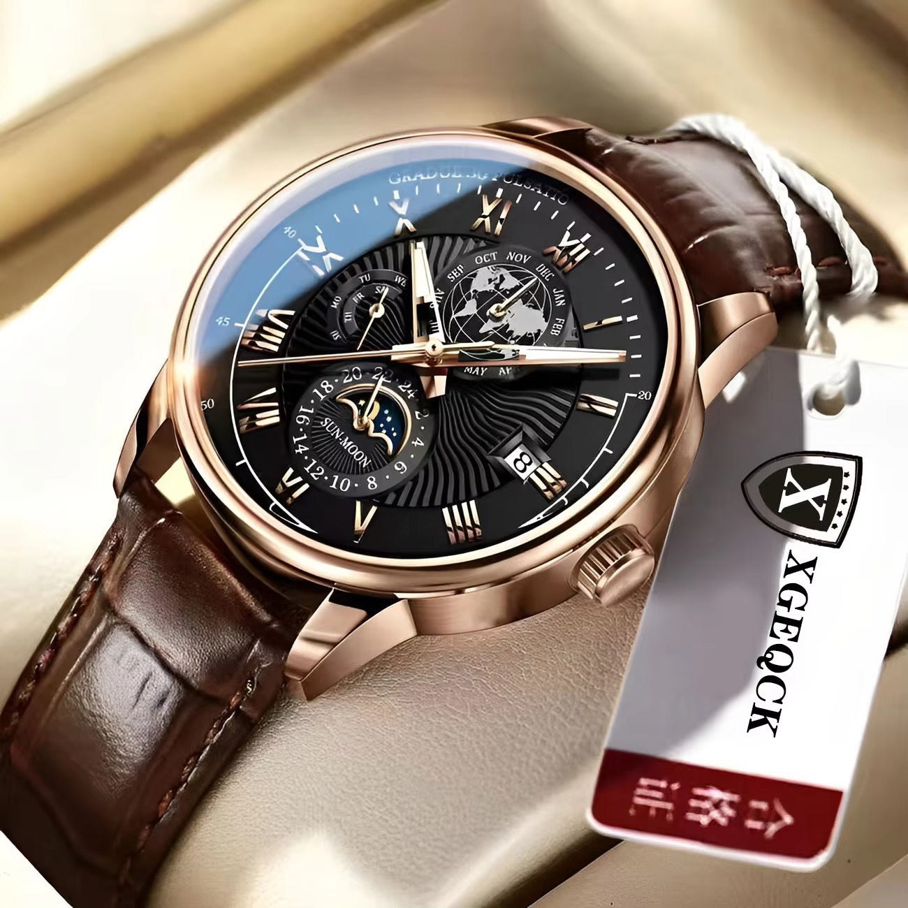 Montre de luxe pour homme en cuir à quartz | Montre-bracelet lumineuse étanche