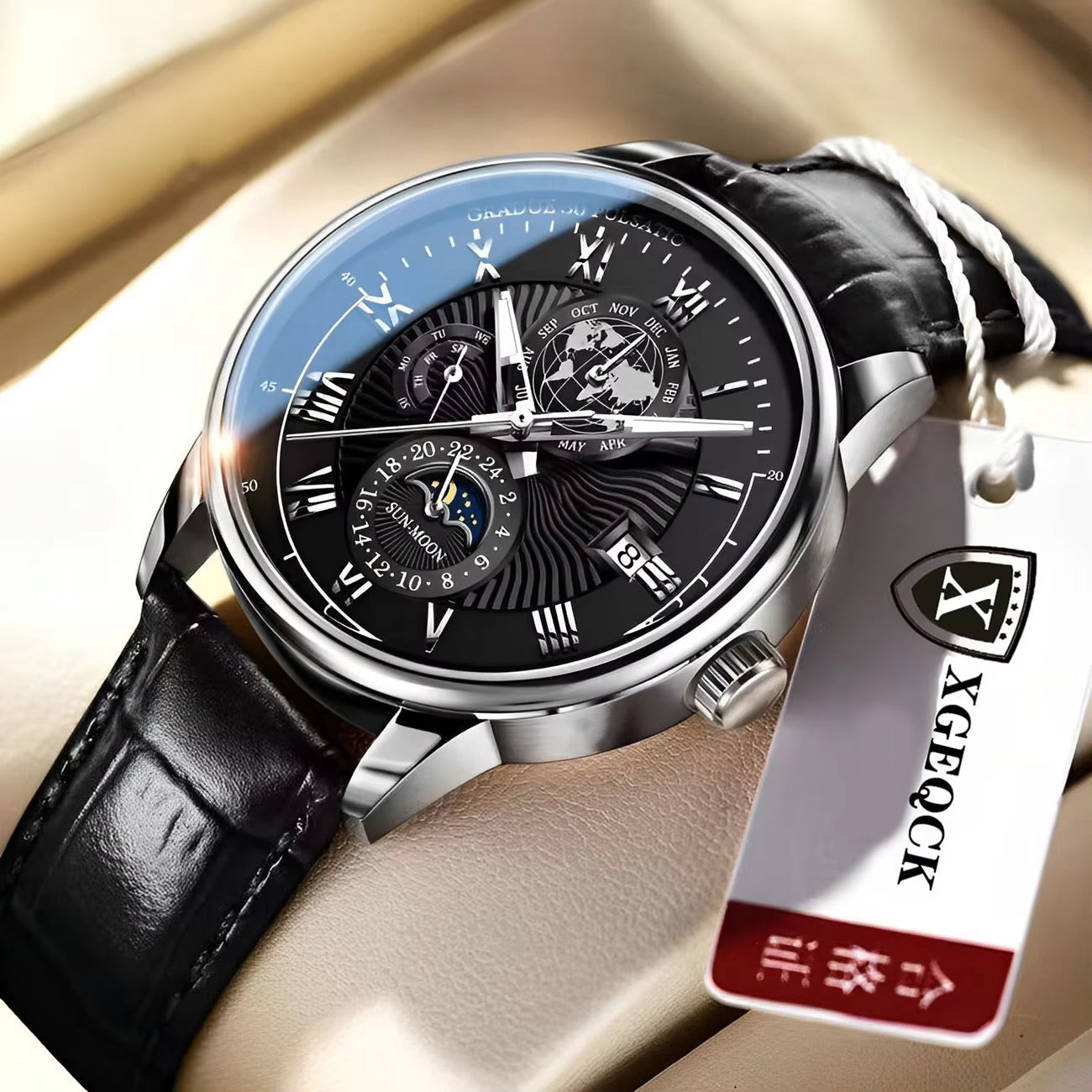 Montre de luxe pour homme en cuir à quartz | Montre-bracelet lumineuse étanche