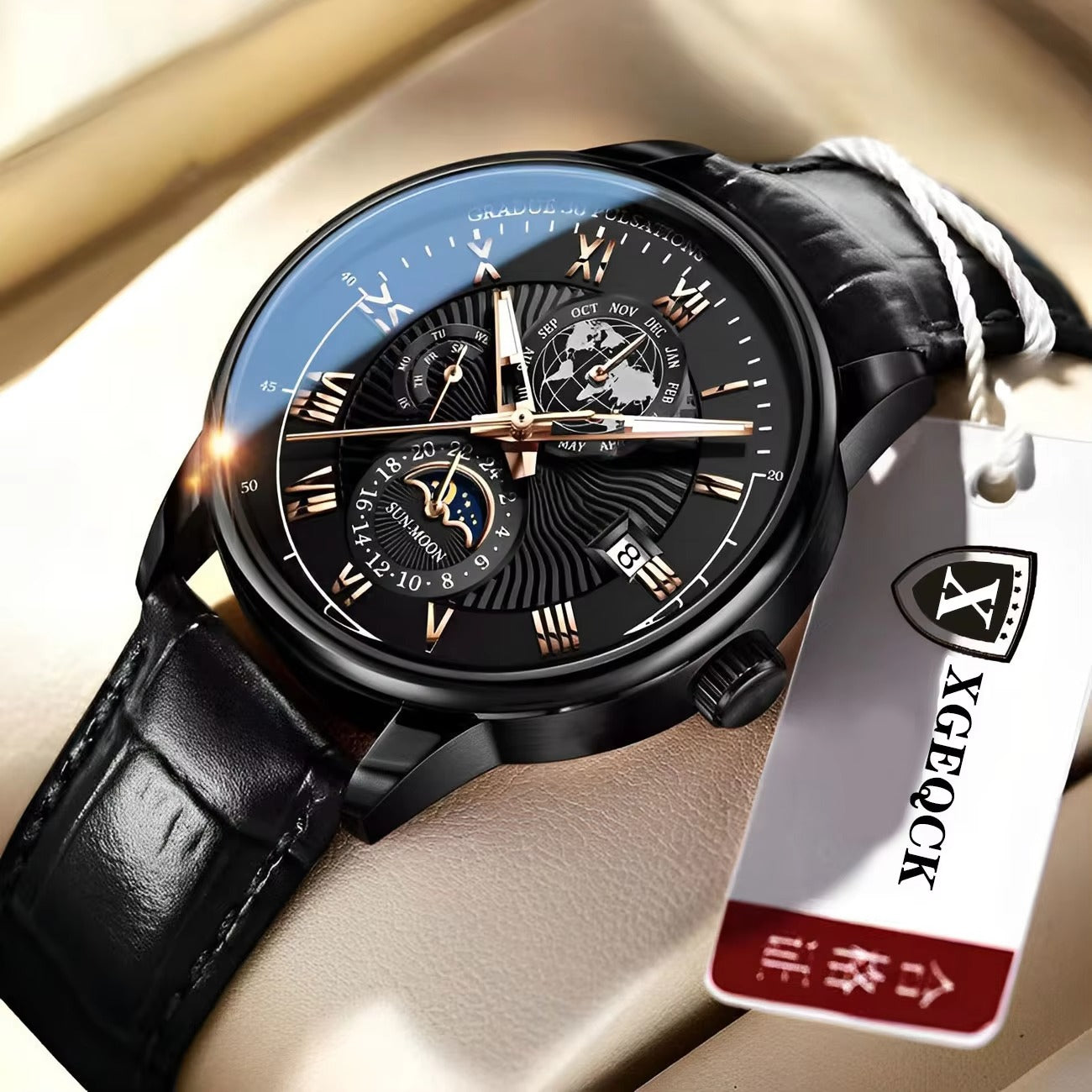 Montre de luxe pour homme en cuir à quartz | Montre-bracelet lumineuse étanche