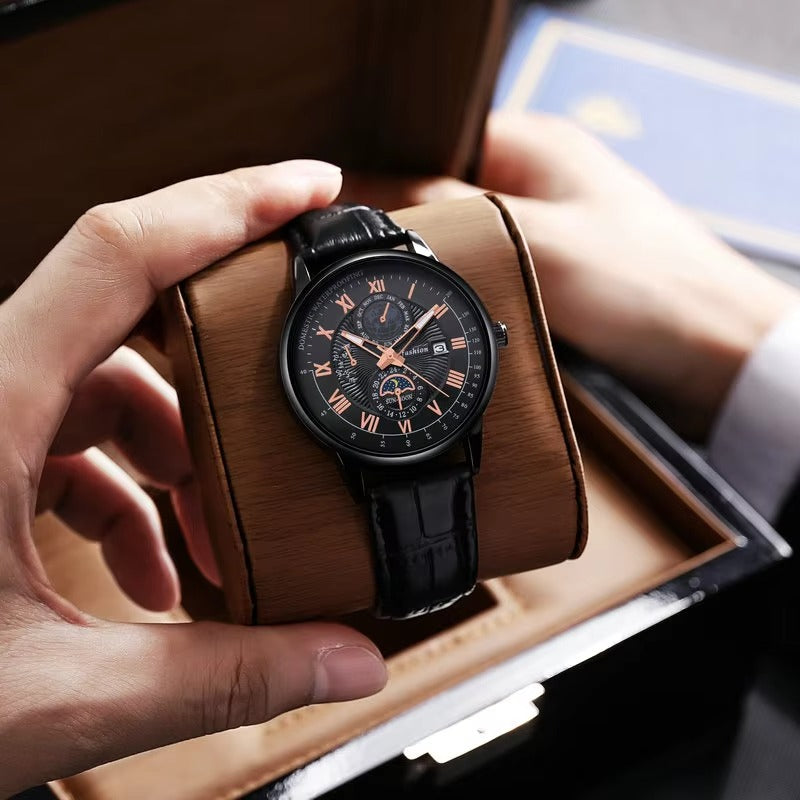 Montre de luxe pour homme en cuir à quartz | Montre-bracelet lumineuse étanche