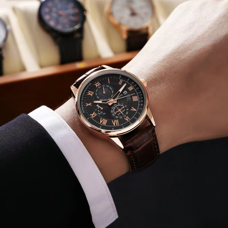 Montre de luxe pour homme en cuir à quartz | Montre-bracelet lumineuse étanche