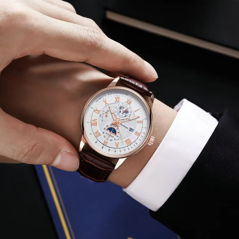 Montre de luxe pour homme en cuir à quartz | Montre-bracelet lumineuse étanche