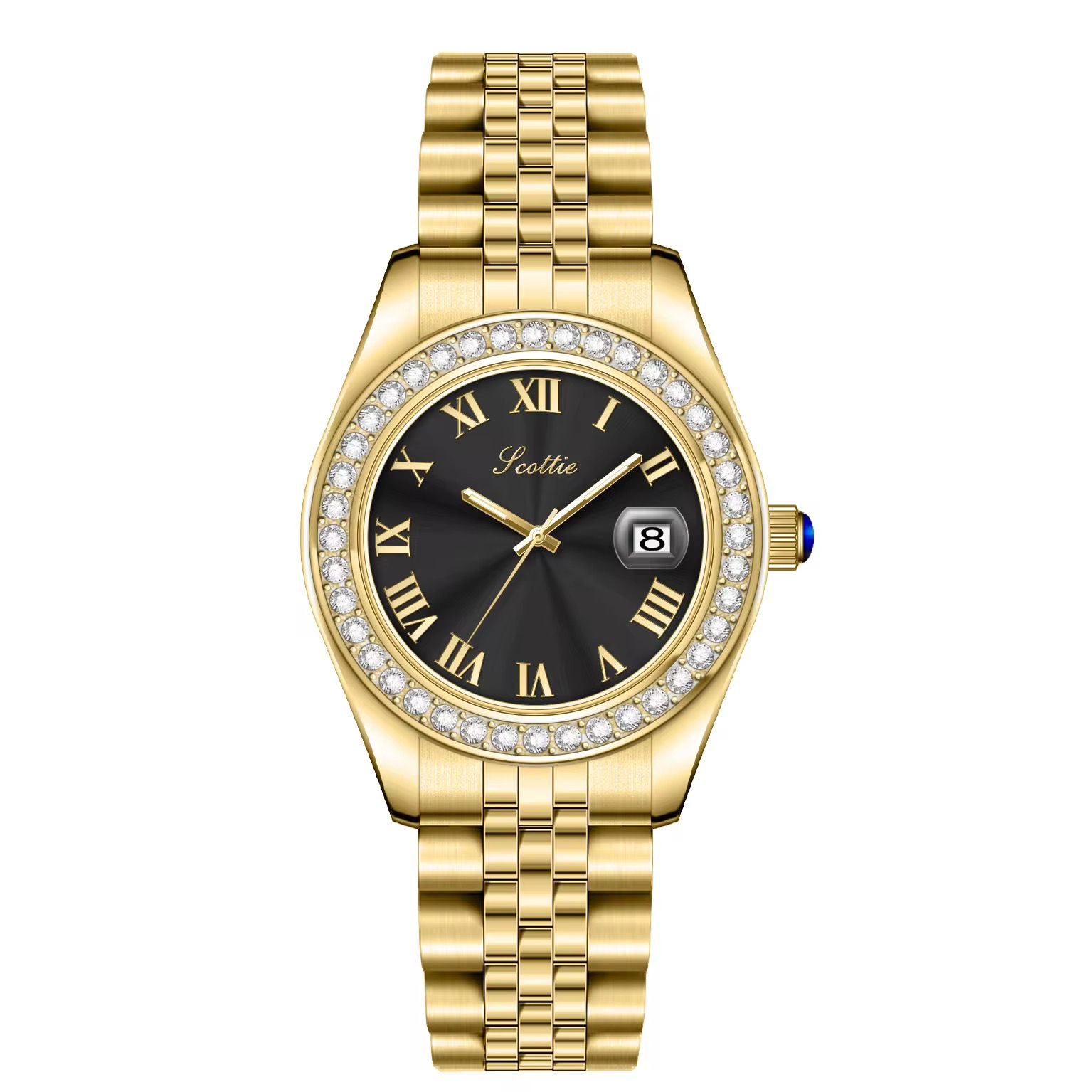 Montre de luxe à cadran romain doré avec lunette en cristal