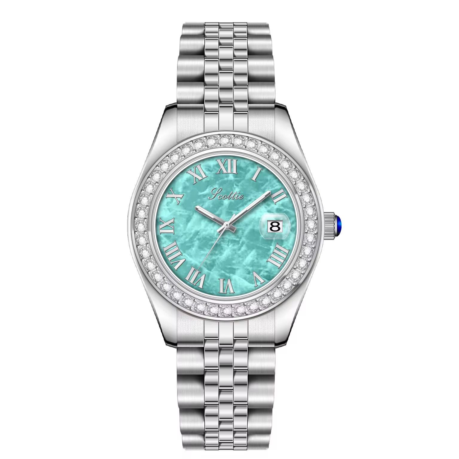 Montre de luxe à cadran romain doré avec lunette en cristal
