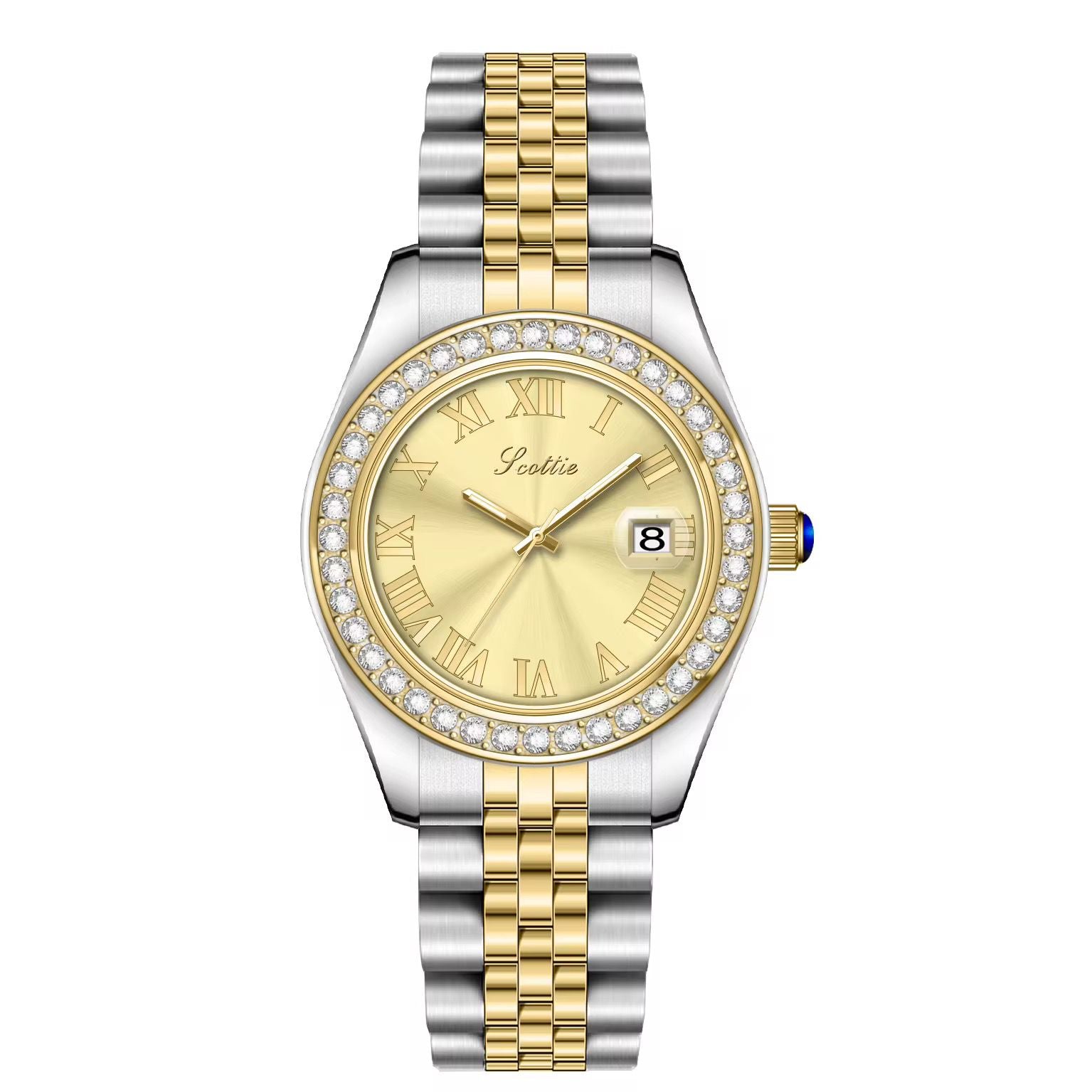 Montre de luxe à cadran romain doré avec lunette en cristal