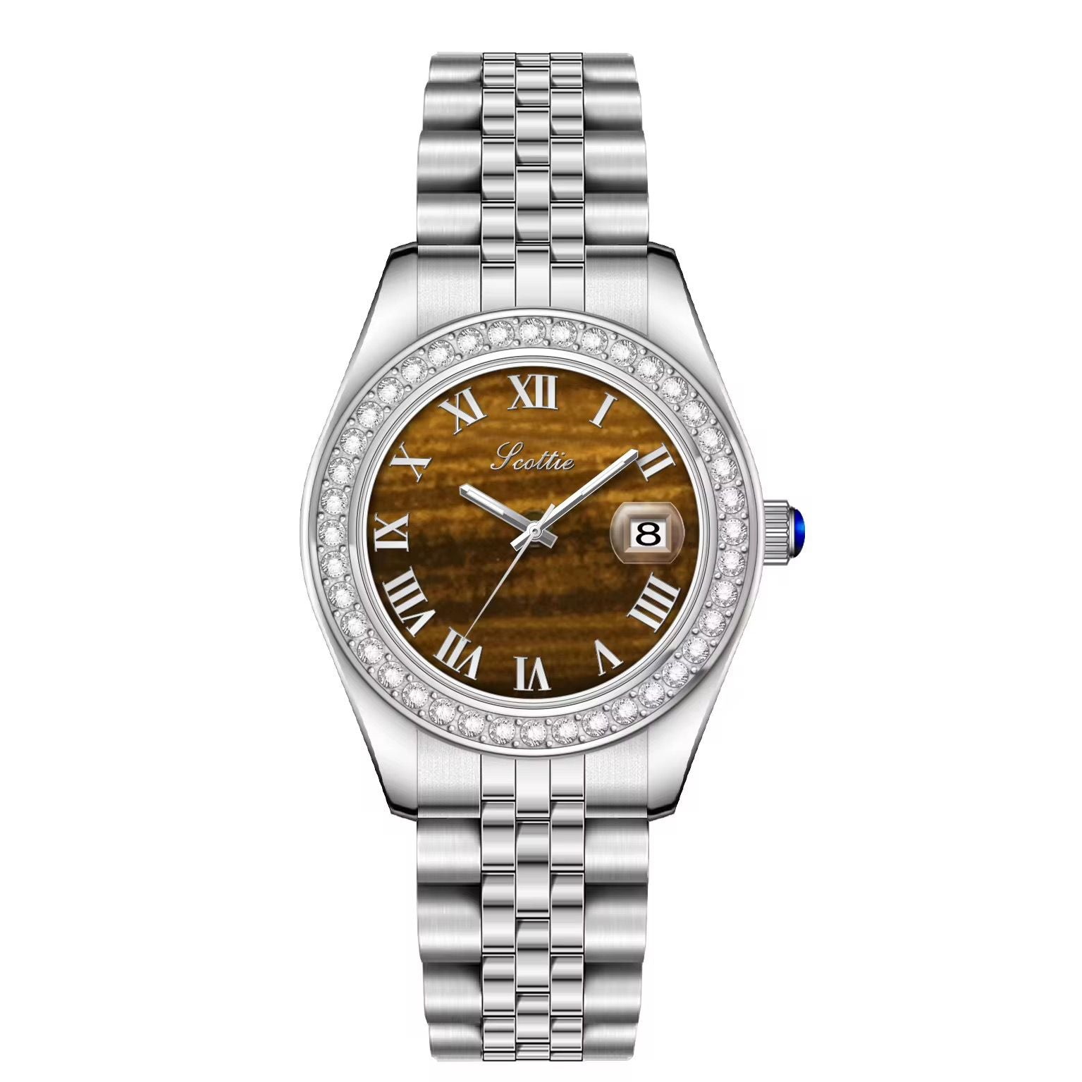Montre de luxe à cadran romain doré avec lunette en cristal