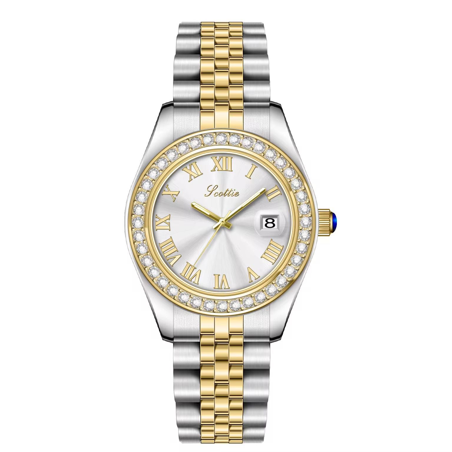 Montre de luxe à cadran romain doré avec lunette en cristal