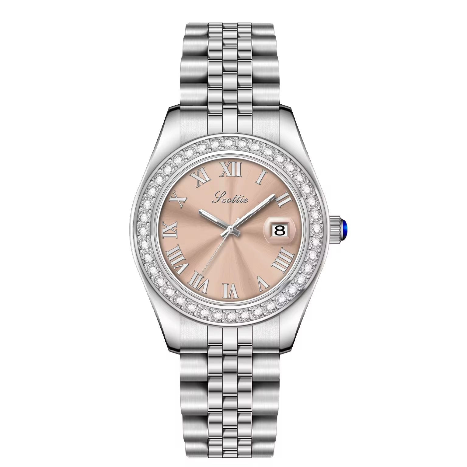 Montre de luxe à cadran romain doré avec lunette en cristal