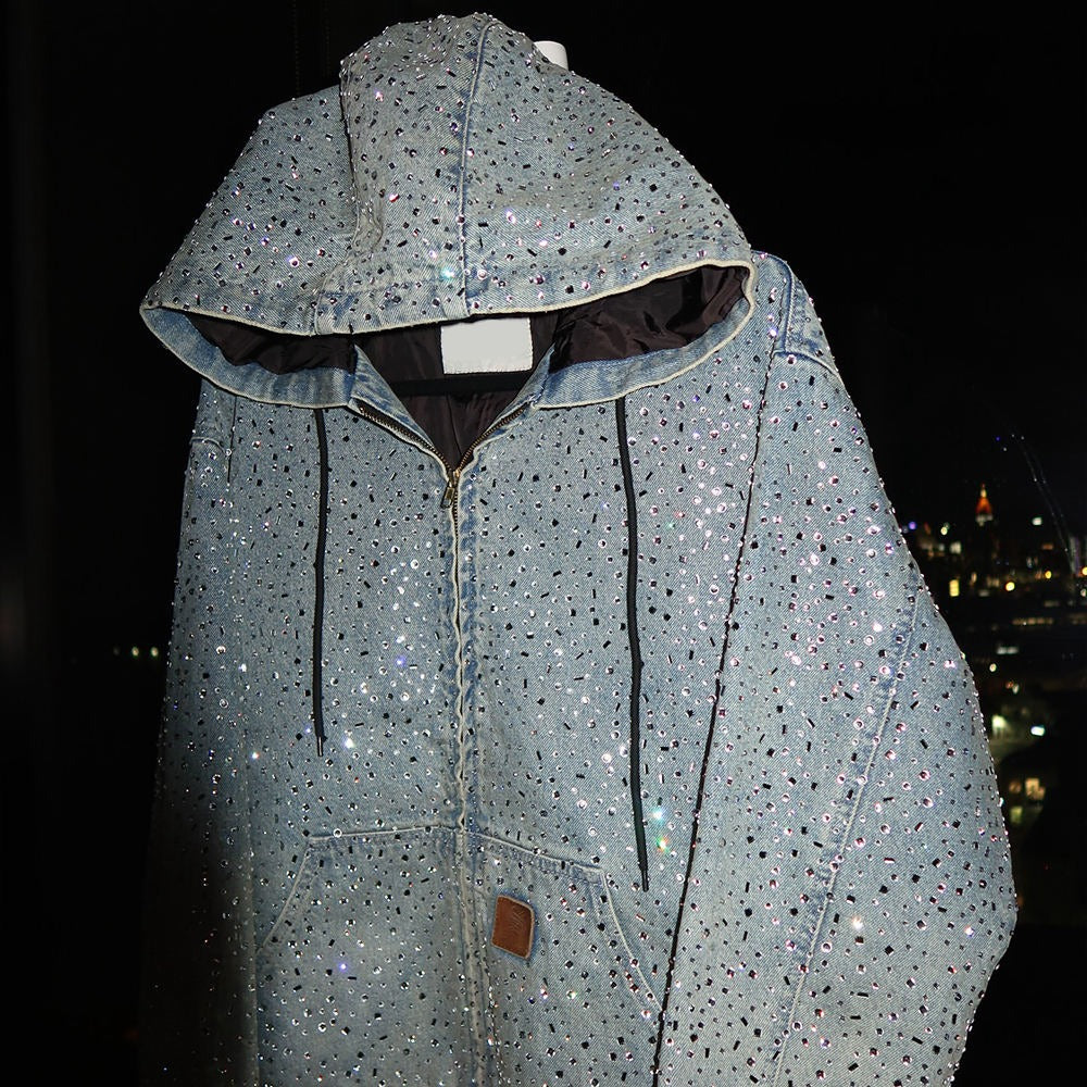 Sweat à capuche unisexe en jean à strass, veste streetwear scintillante