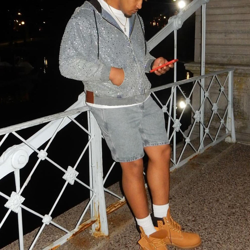 Sweat à capuche unisexe en jean à strass, veste streetwear scintillante