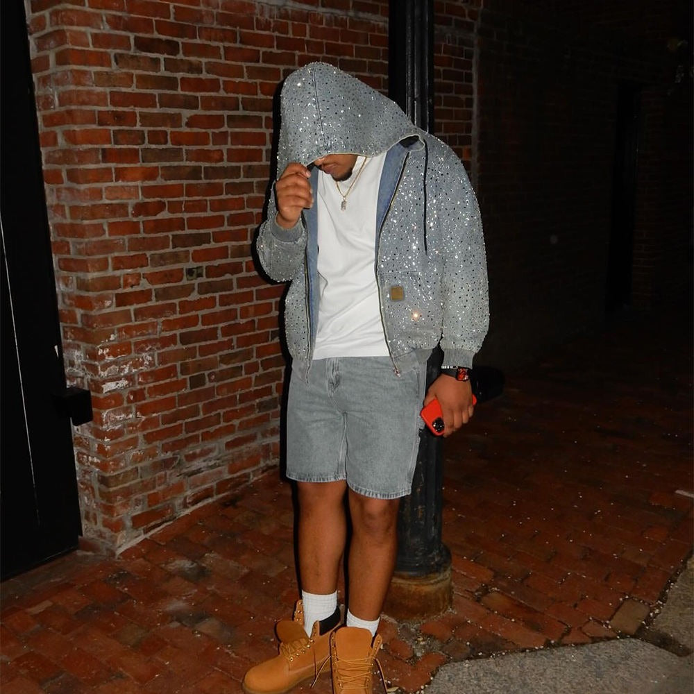 Sweat à capuche unisexe en jean à strass, veste streetwear scintillante