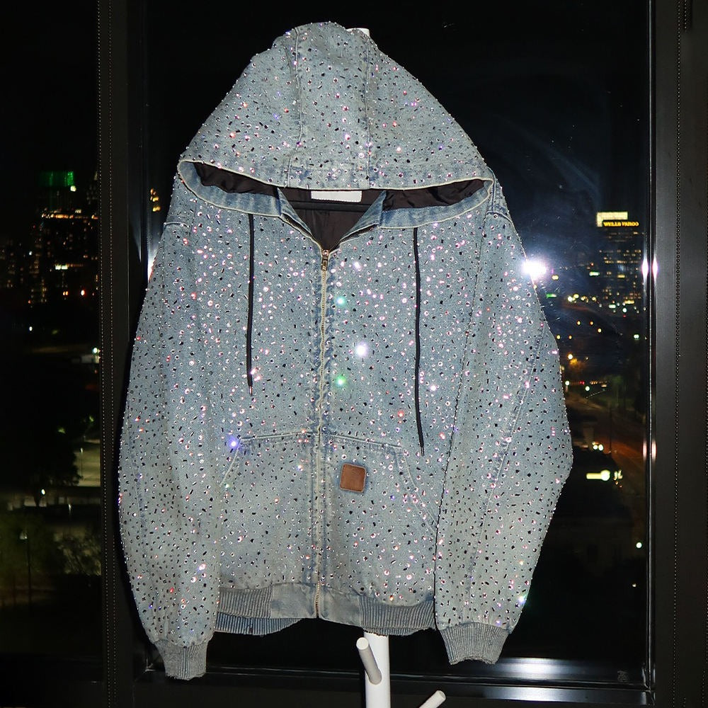 Sweat à capuche unisexe en jean à strass, veste streetwear scintillante