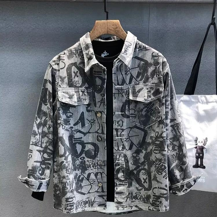 Veste en jean streetwear à imprimé graffiti pour homme
