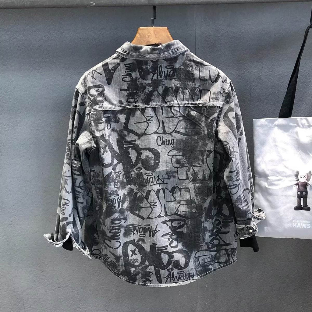 Veste en jean streetwear à imprimé graffiti pour homme