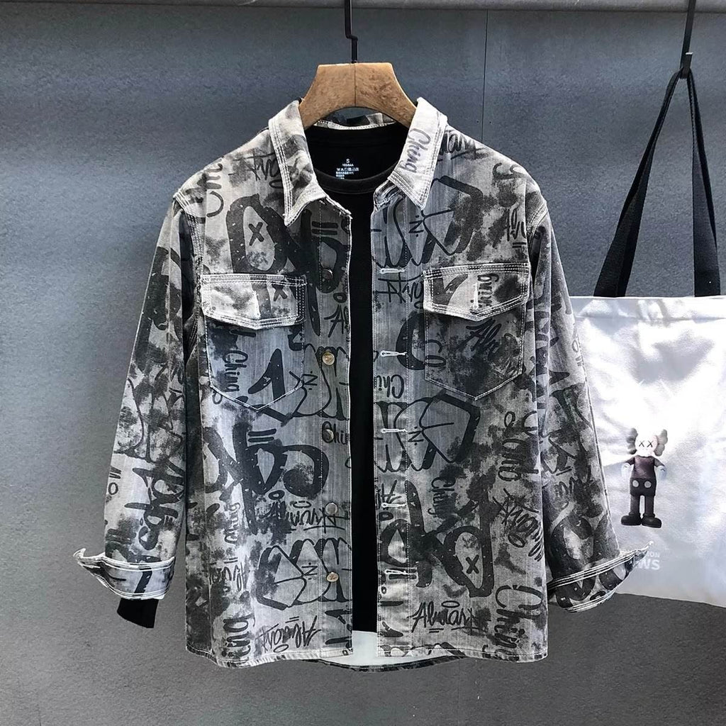 Veste en jean streetwear à imprimé graffiti pour homme