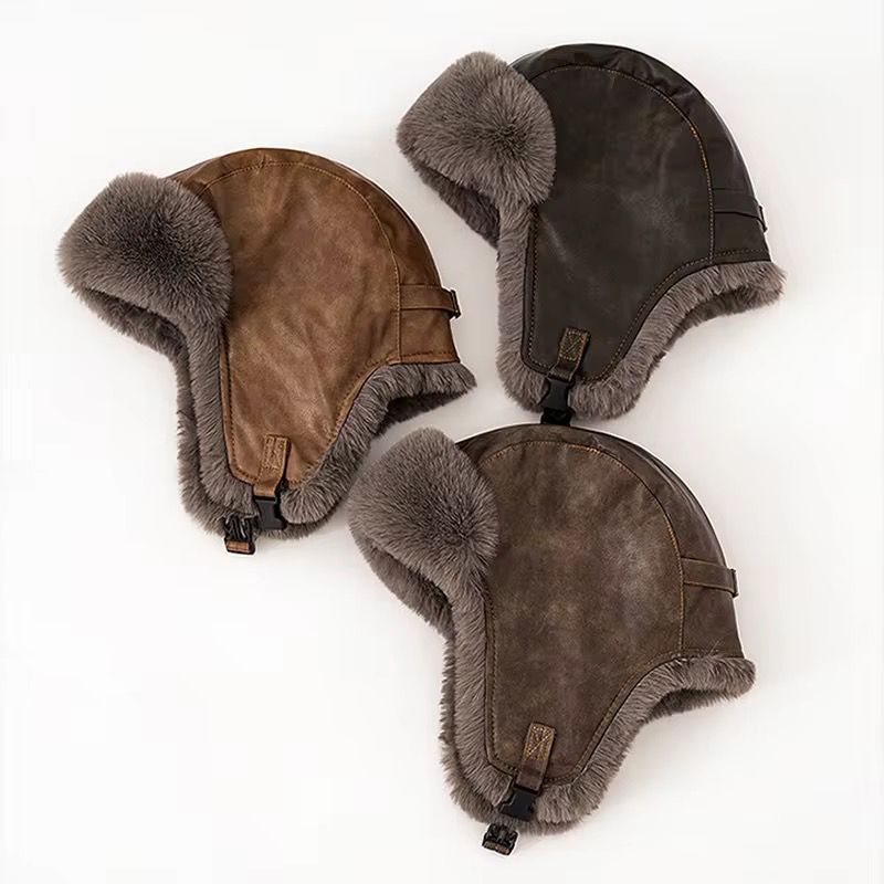 Chapeau Bomber Ushanka en Peluche PU pour Homme