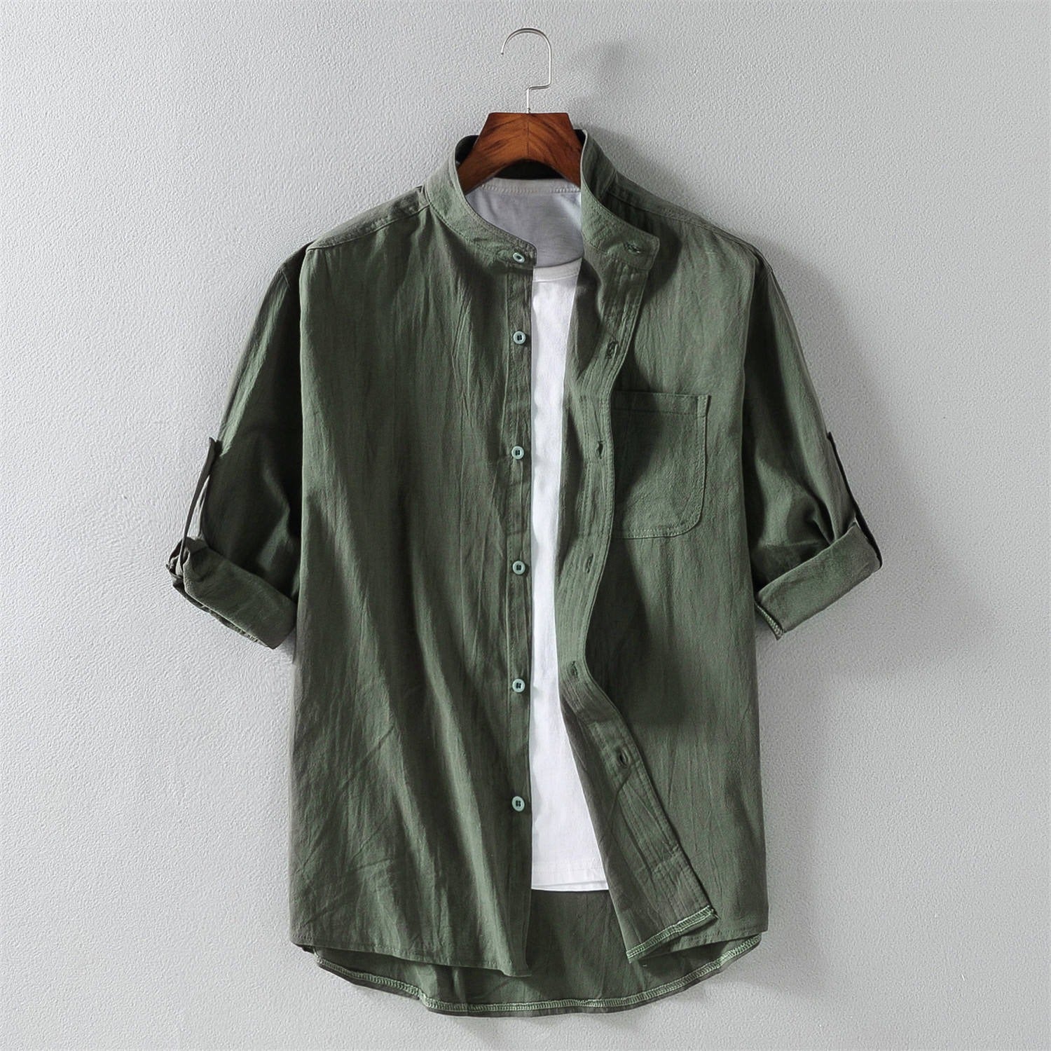 Chemise décontractée à col montant en coton pour homme