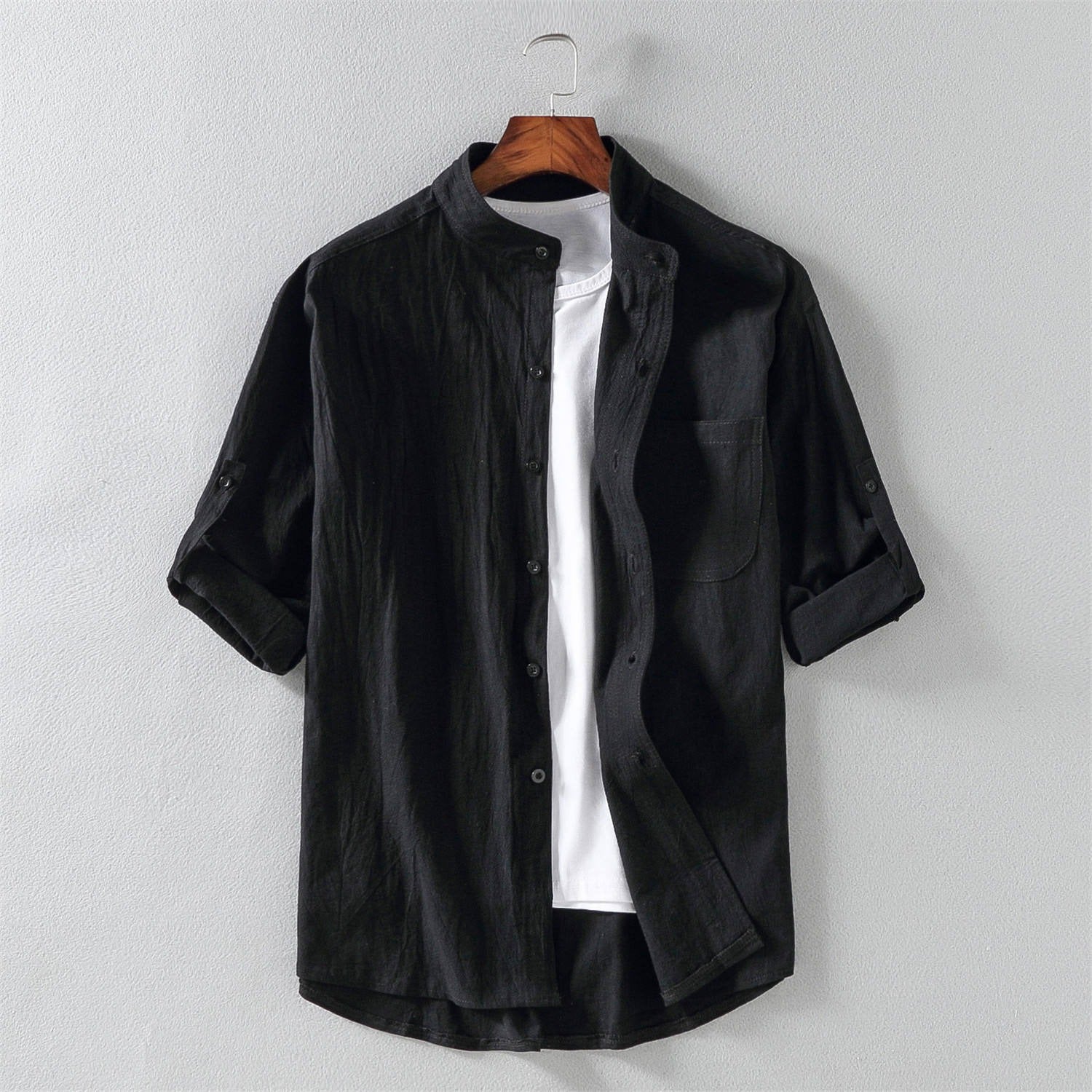 Chemise décontractée à col montant en coton pour homme